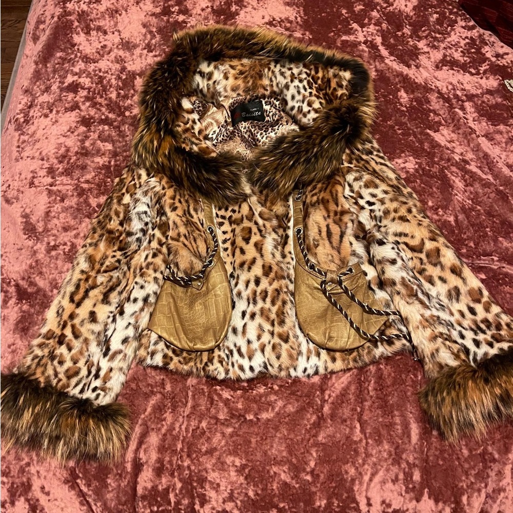 Leopard Print real goat fur and fox trim fur jacket coat with hood US4 Small